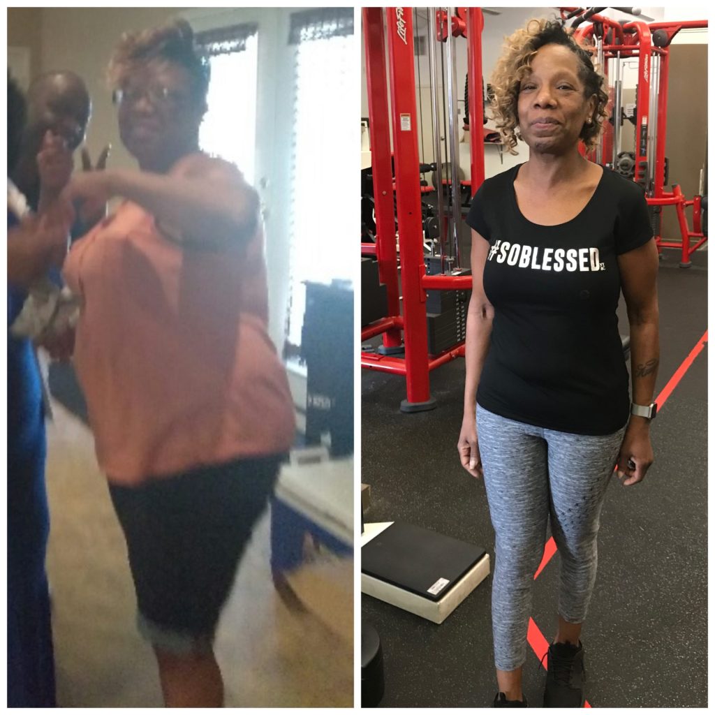 Before and after photos of Carolyn Wright, losing 60 pounds in 5 months. 